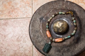 GREEN CHINESE JADE/ AVENTURINE / TIBETAN STONES W/ ENCRUSTED TURQUOISE