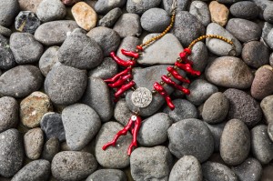 RED CORAL/ CZECH GLASS BEADS/ GUATEMALAN COIN